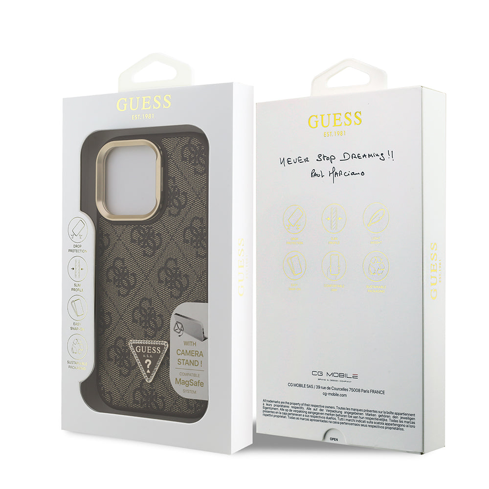 Guess iPhone 15 Pro Max Orjinal Lisanslı PU Deri Taşlı Üçgen Logo 4G Desenli Kamera Standlı Magsafe Telefon Kılıfı