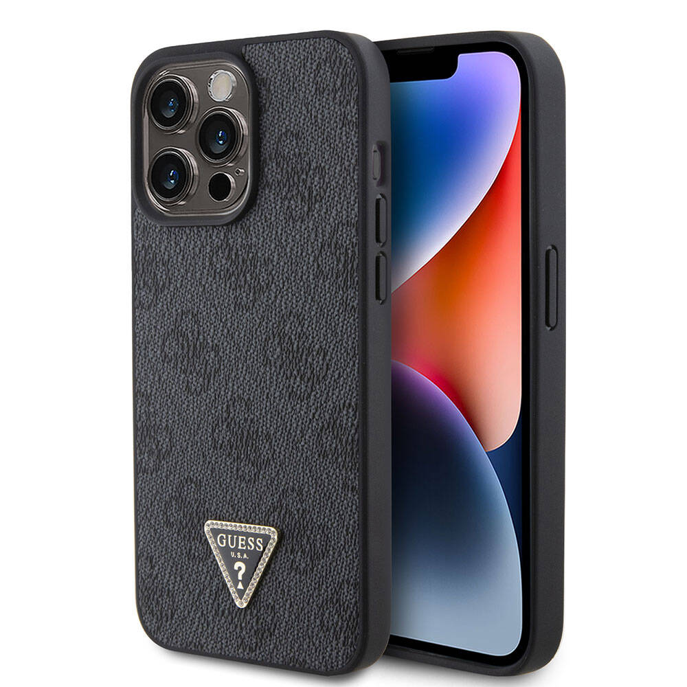 Guess iPhone 15 Pro Max Orjinal Lisanslı PU Deri Taşlı Üçgen Logo 4G Desenli Strass Telefon Kılıfı - 1