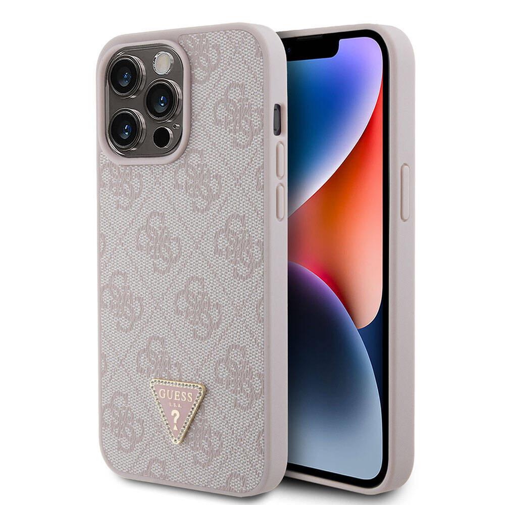 Guess iPhone 15 Pro Max Orjinal Lisanslı PU Deri Taşlı Üçgen Logo 4G Desenli Strass Telefon Kılıfı