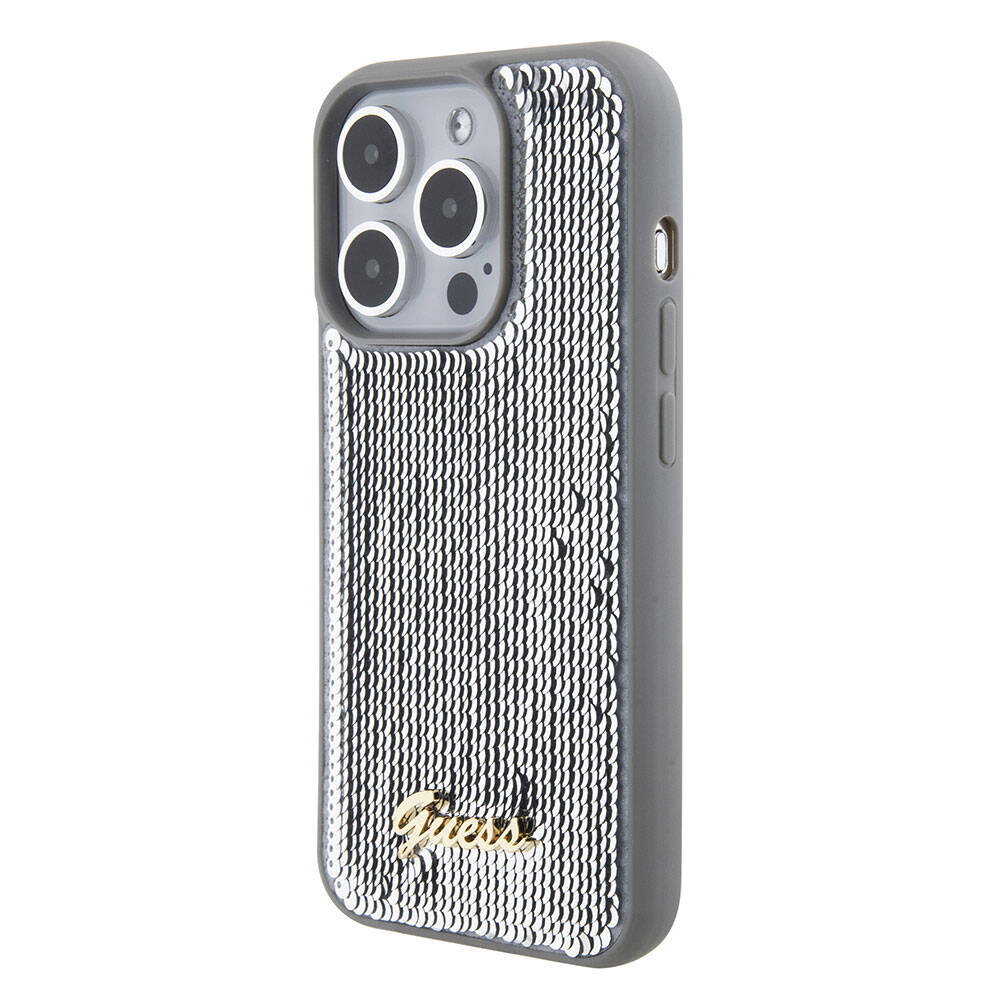 Guess iPhone 15 Pro Max Orjinal Lisanslı Pullu Arka Yüzey Metal Yazı Logolu Sequin Script Kılıf