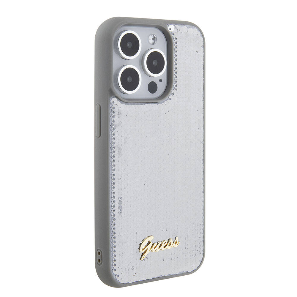 Guess iPhone 15 Pro Max Orjinal Lisanslı Pullu Arka Yüzey Metal Yazı Logolu Sequin Script Kılıf