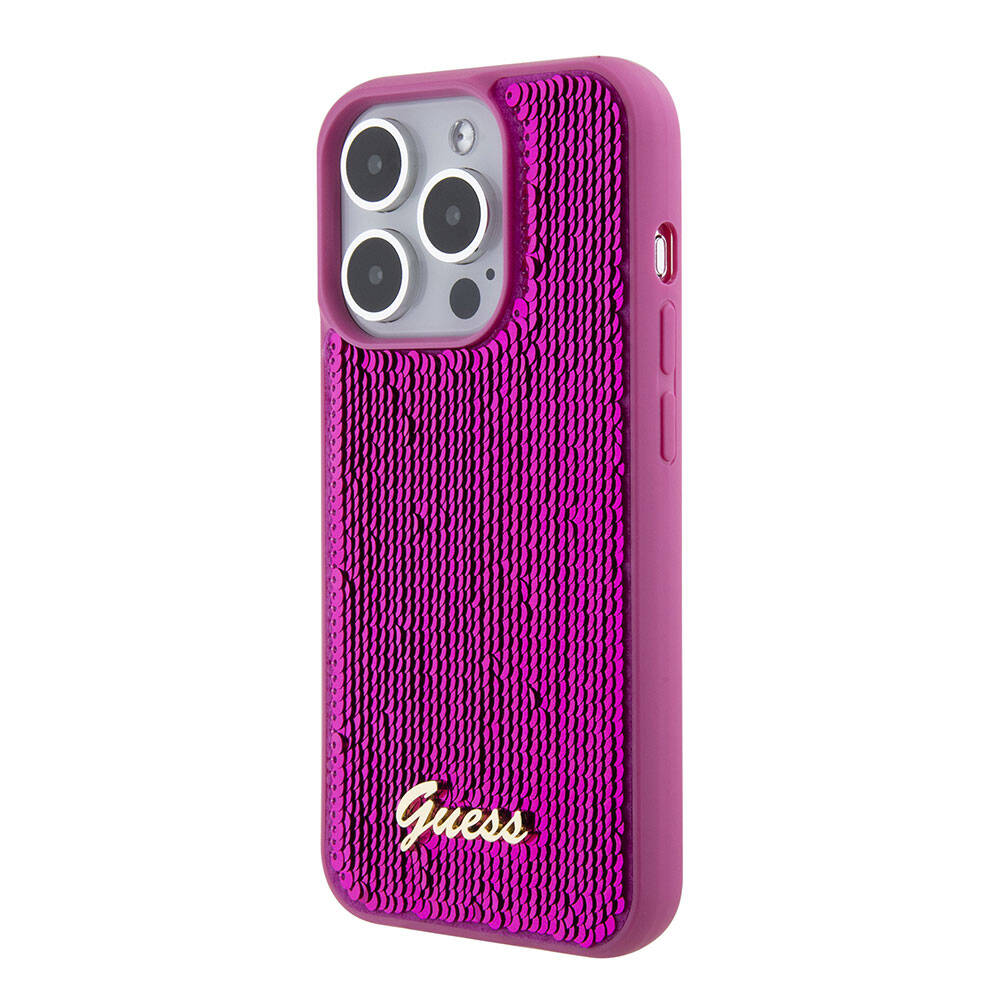 Guess iPhone 15 Pro Max Orjinal Lisanslı Pullu Arka Yüzey Metal Yazı Logolu Sequin Script Kılıf