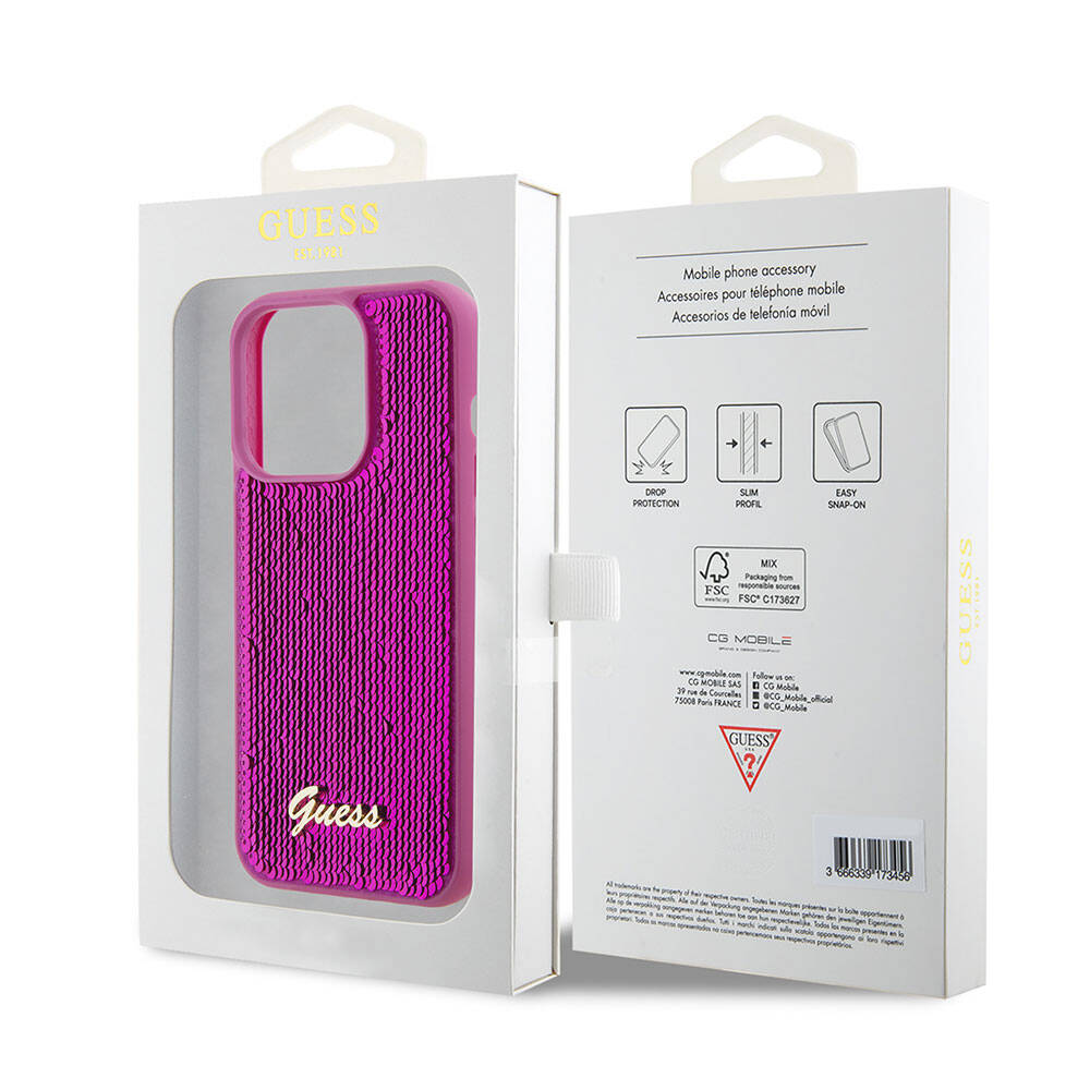 Guess iPhone 15 Pro Max Orjinal Lisanslı Pullu Arka Yüzey Metal Yazı Logolu Sequin Script Kılıf