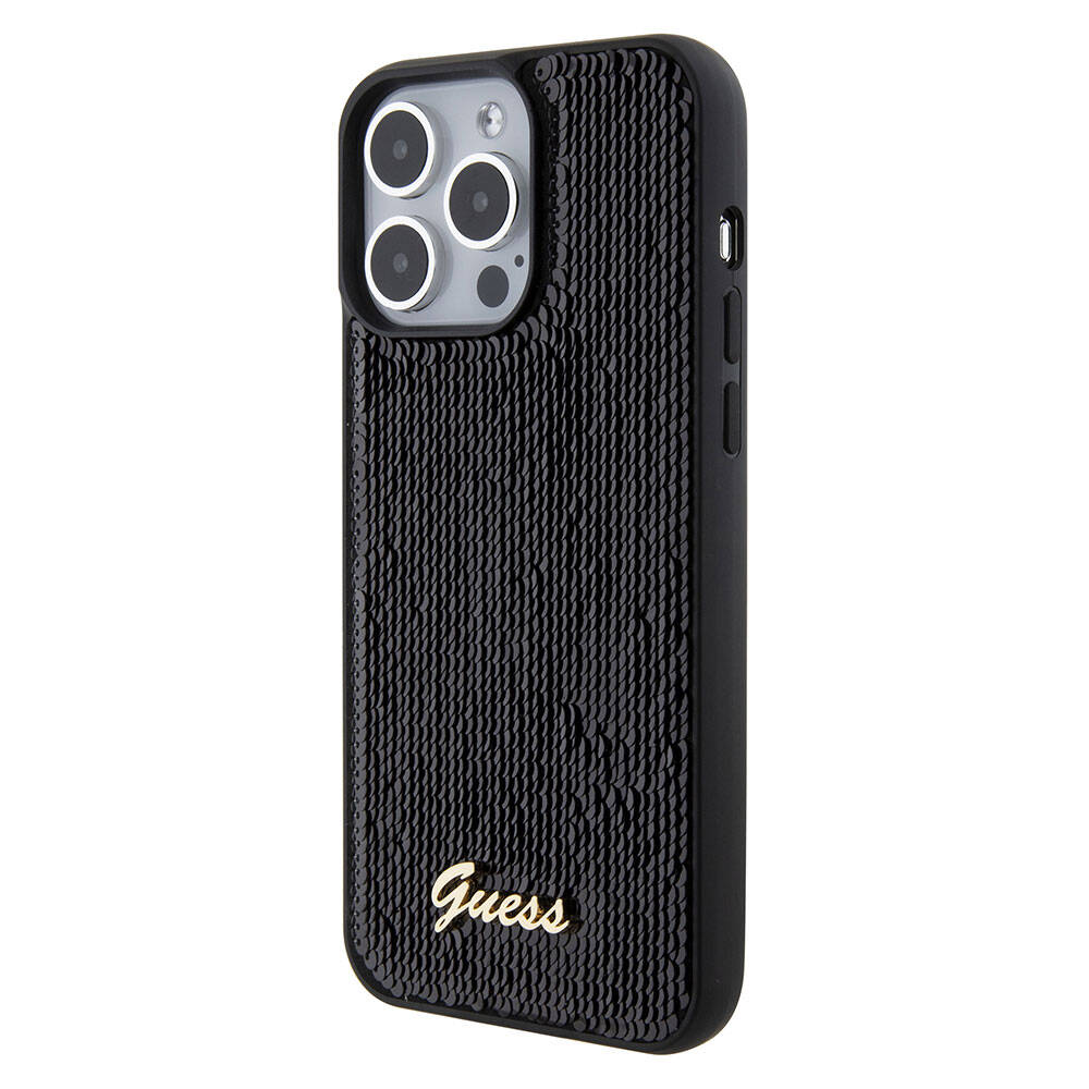 Guess iPhone 15 Pro Max Orjinal Lisanslı Pullu Arka Yüzey Metal Yazı Logolu Sequin Script Kılıf