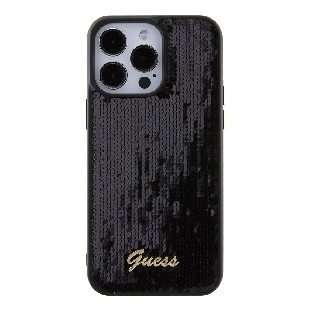 Guess iPhone 15 Pro Max Orjinal Lisanslı Pullu Arka Yüzey Metal Yazı Logolu Sequin Script Kılıf