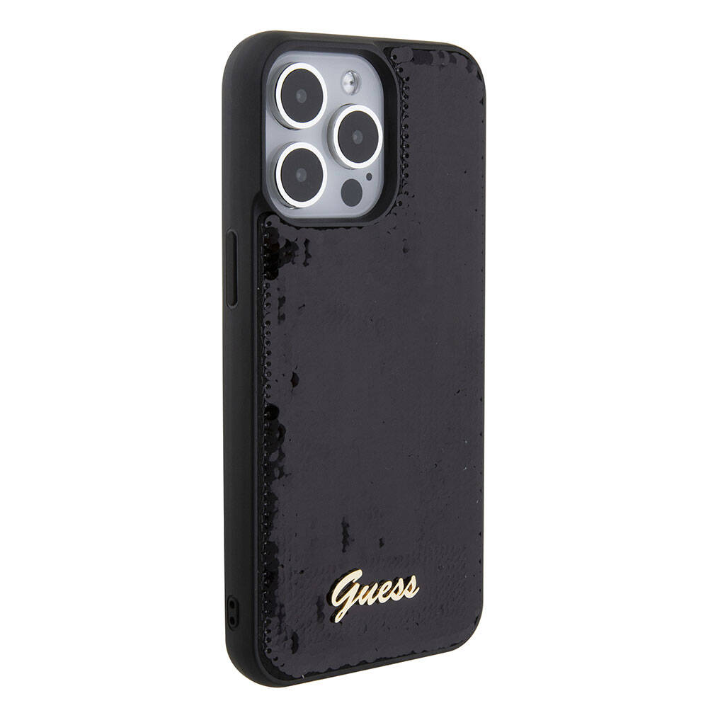 Guess iPhone 15 Pro Max Orjinal Lisanslı Pullu Arka Yüzey Metal Yazı Logolu Sequin Script Kılıf