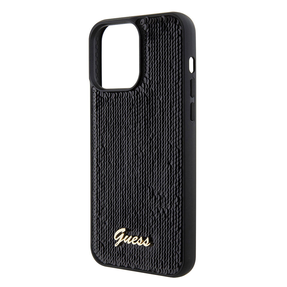 Guess iPhone 15 Pro Max Orjinal Lisanslı Pullu Arka Yüzey Metal Yazı Logolu Sequin Script Kılıf