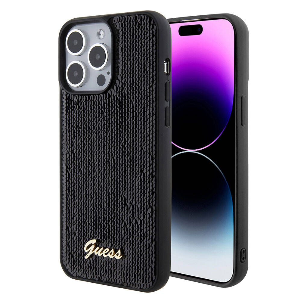 Guess iPhone 15 Pro Max Orjinal Lisanslı Pullu Arka Yüzey Metal Yazı Logolu Sequin Script Kılıf