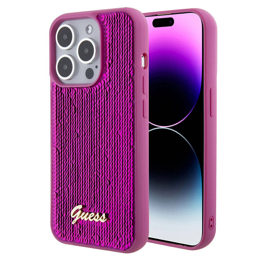Guess iPhone 15 Pro Max Orjinal Lisanslı Pullu Arka Yüzey Metal Yazı Logolu Sequin Script Kılıf