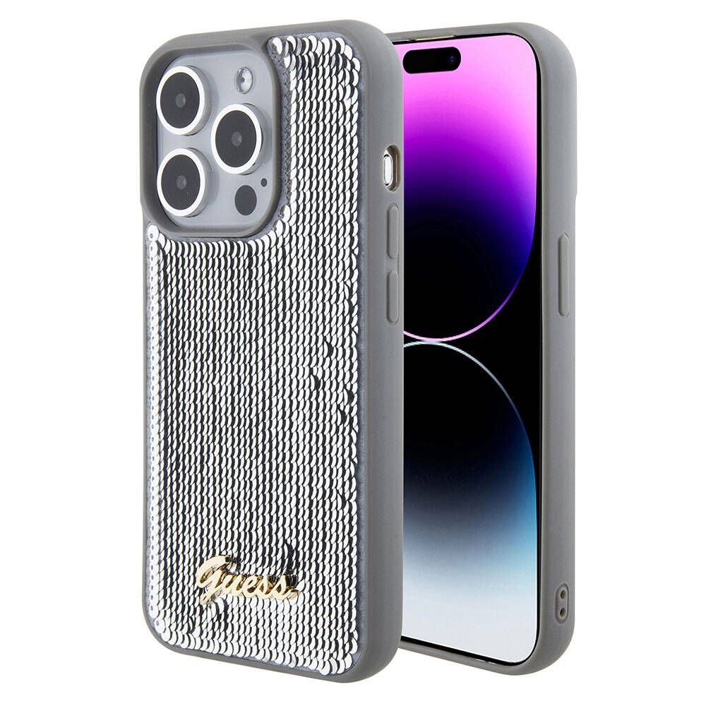 Guess iPhone 15 Pro Max Orjinal Lisanslı Pullu Arka Yüzey Metal Yazı Logolu Sequin Script Kılıf