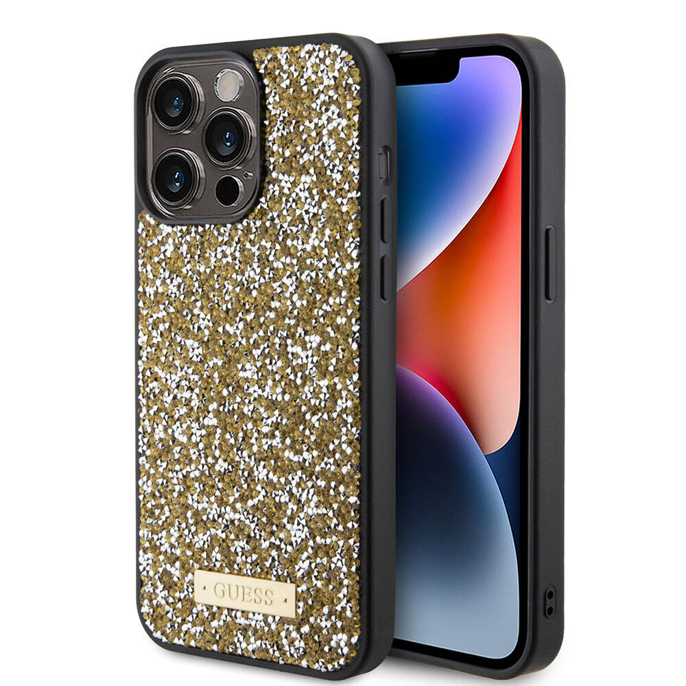 Guess iPhone 15 Pro Max Orjinal Lisanslı Taşlı Arka Yüzey Metal Yazı Logolu Telefon Kılıfı - 1