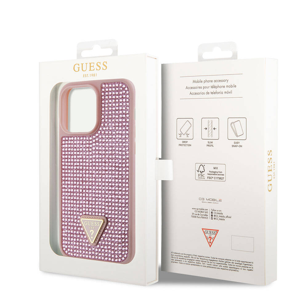 Guess iPhone 15 Pro Max Orjinal Lisanslı Taşlı Arka Yüzey Üçgen Logolu Telefon Kılıfı