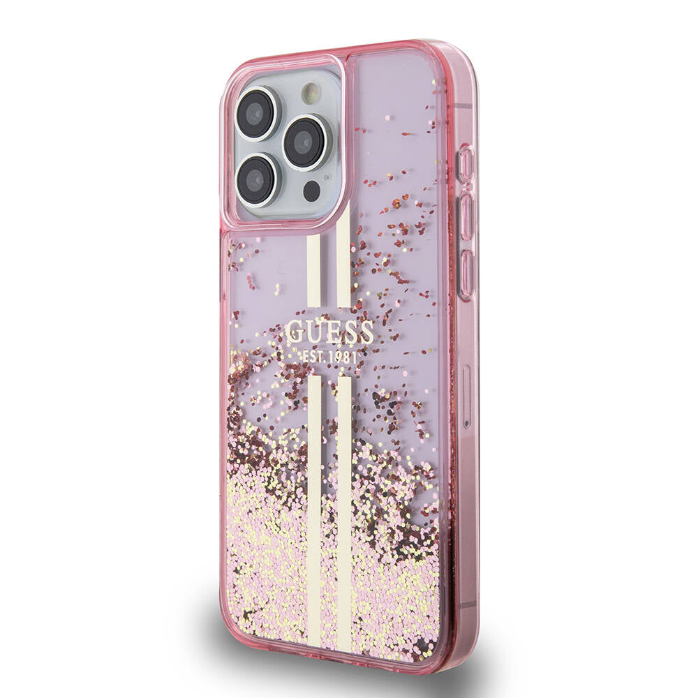 Guess iPhone 15 Pro Max Orjinal Lisanslı Transparan Sıvılı Simli Altın Çizgili Kılıf