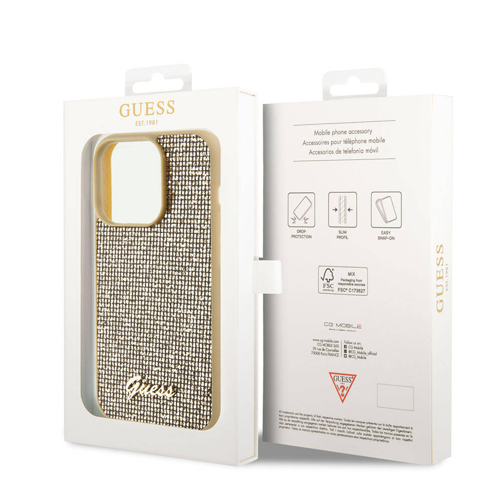 Guess iPhone 15 Pro Max Orjinal Lisanslı Yazı Logolu Disco Script Metal Telefon Kılıfı