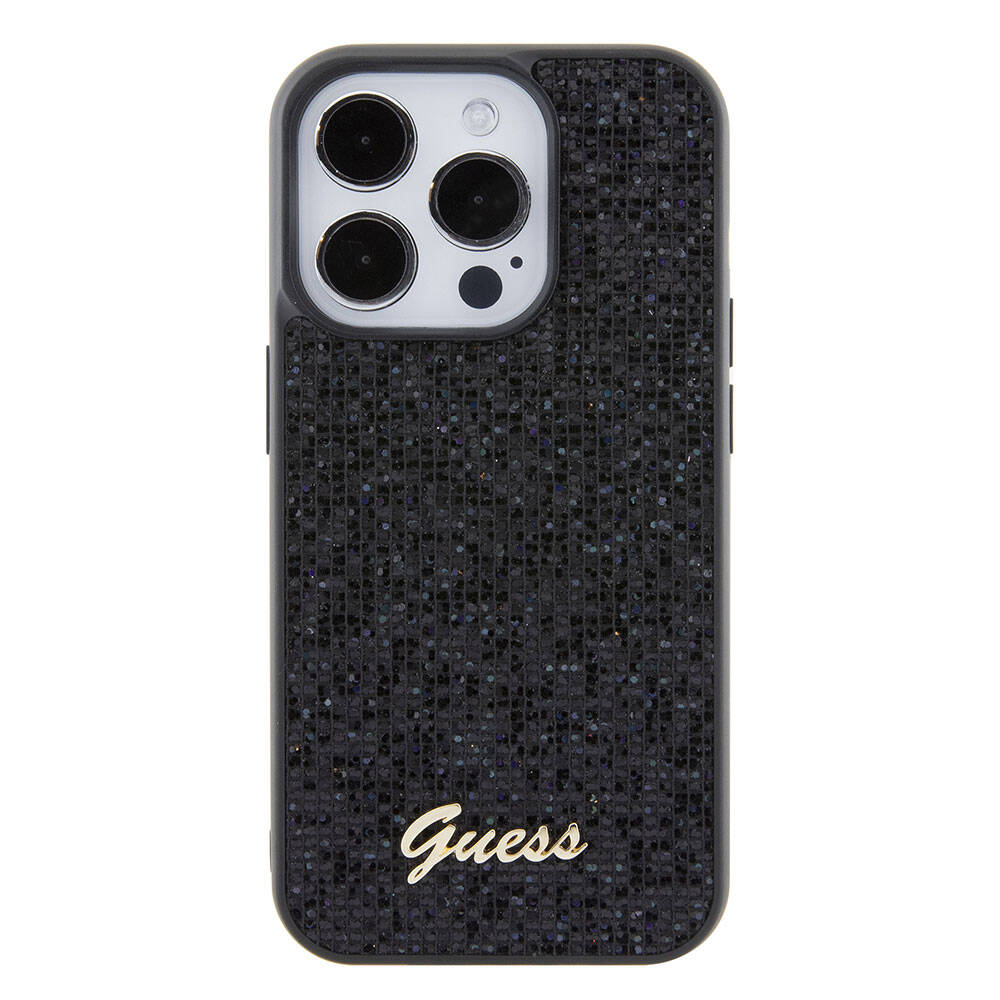 Guess iPhone 15 Pro Max Orjinal Lisanslı Yazı Logolu Disco Script Metal Telefon Kılıfı