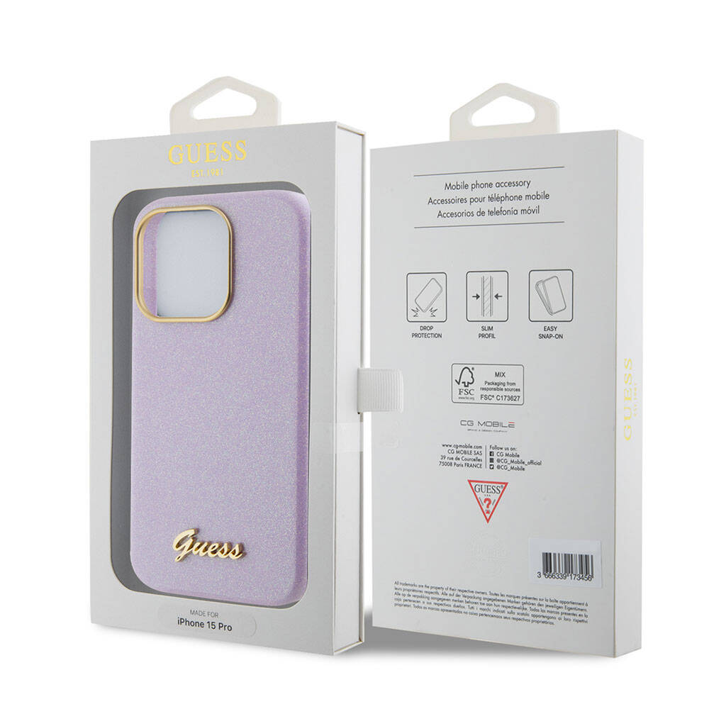 Guess iPhone 15 Pro Max Orjinal Lisanslı Yazı Logolu Glitter Glossy Script Telefon Kılıfı