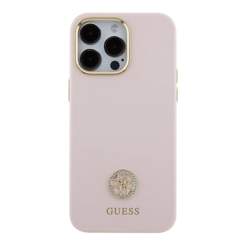 Guess iPhone 15 Pro Max Orjinal Lisanslı Yazı ve Taşlı 4G Logolu Metal Kamera Çerçeveli Silikon Telefon Kılıfı