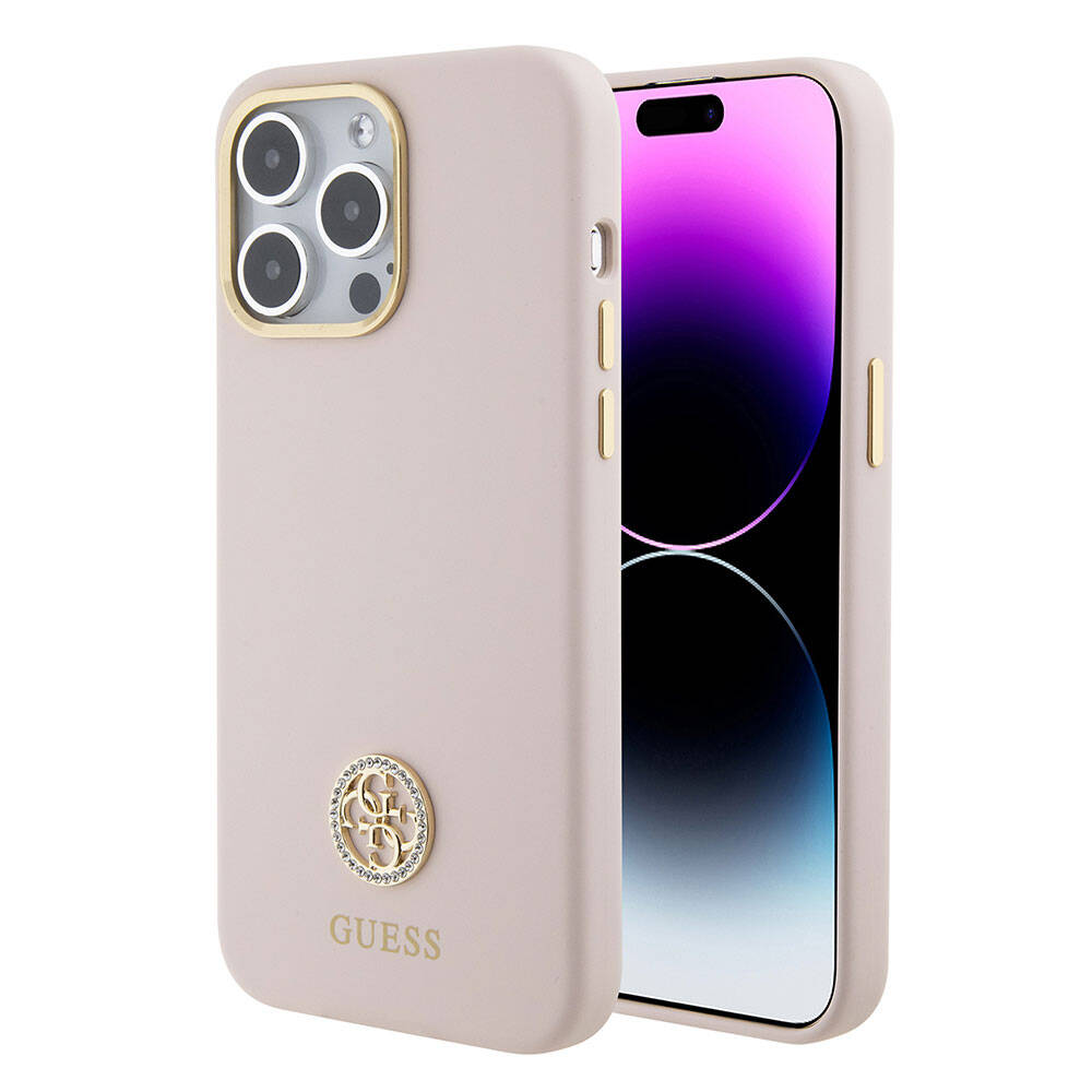 Guess iPhone 15 Pro Max Orjinal Lisanslı Yazı ve Taşlı 4G Logolu Metal Kamera Çerçeveli Silikon Telefon Kılıfı - 1