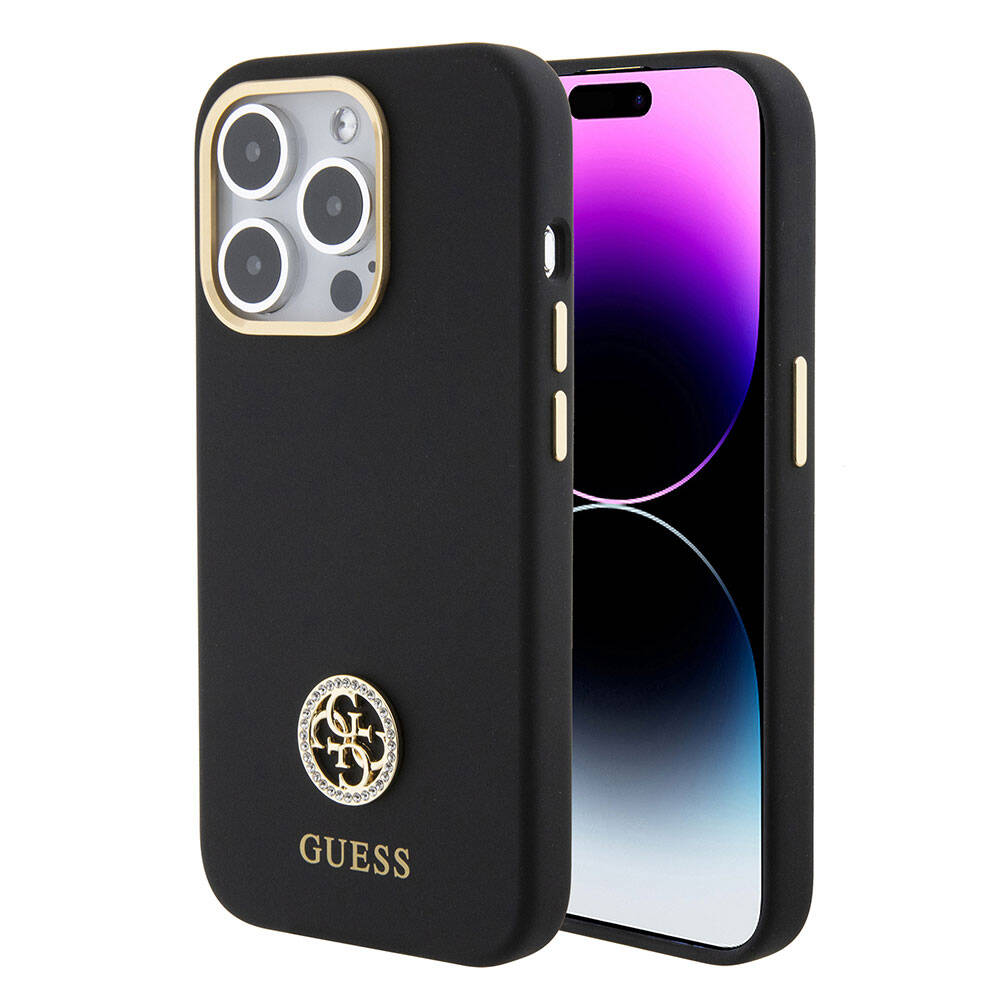 Guess iPhone 15 Pro Max Orjinal Lisanslı Yazı ve Taşlı 4G Logolu Metal Kamera Çerçeveli Silikon Telefon Kılıfı