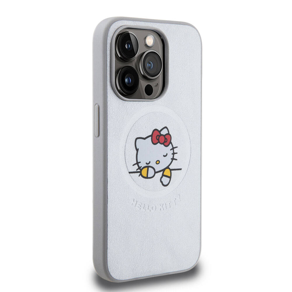 Hello Kitty iPhone 15 Pro Max Orjinal Lisanslı M-safe Şarj Özellikli Baskı Logolu Uyuyan Kitty Deri Kılıf