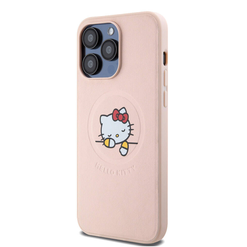 Hello Kitty iPhone 15 Pro Max Orjinal Lisanslı M-safe Şarj Özellikli Baskı Logolu Uyuyan Kitty Deri Kılıf
