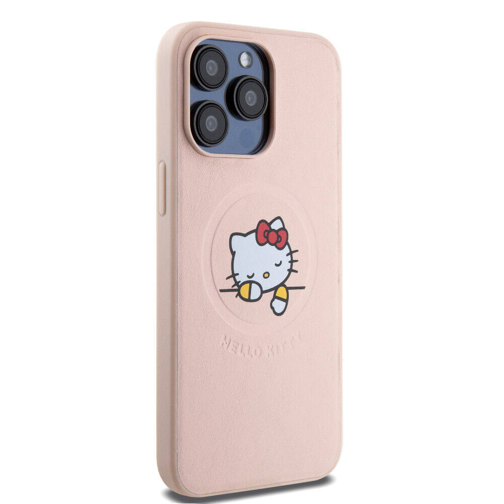 Hello Kitty iPhone 15 Pro Max Orjinal Lisanslı M-safe Şarj Özellikli Baskı Logolu Uyuyan Kitty Deri Kılıf