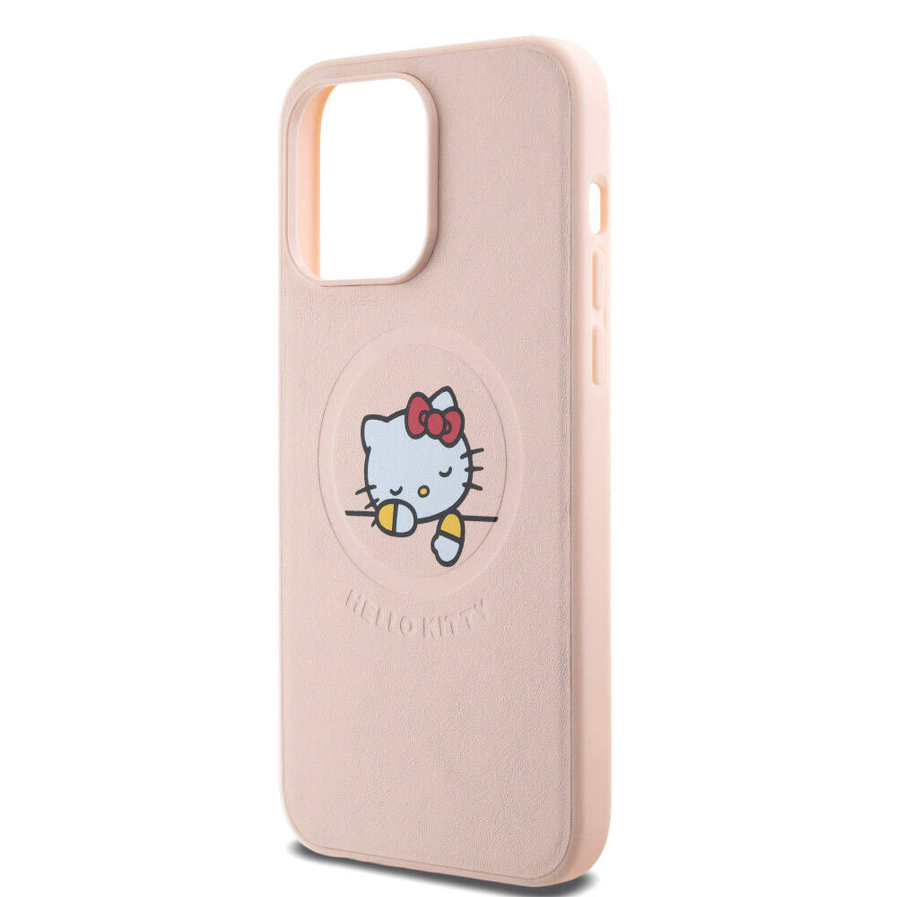 Hello Kitty iPhone 15 Pro Max Orjinal Lisanslı M-safe Şarj Özellikli Baskı Logolu Uyuyan Kitty Deri Kılıf