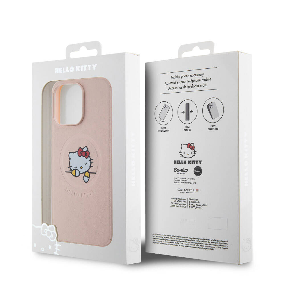 Hello Kitty iPhone 15 Pro Max Orjinal Lisanslı M-safe Şarj Özellikli Baskı Logolu Uyuyan Kitty Deri Kılıf