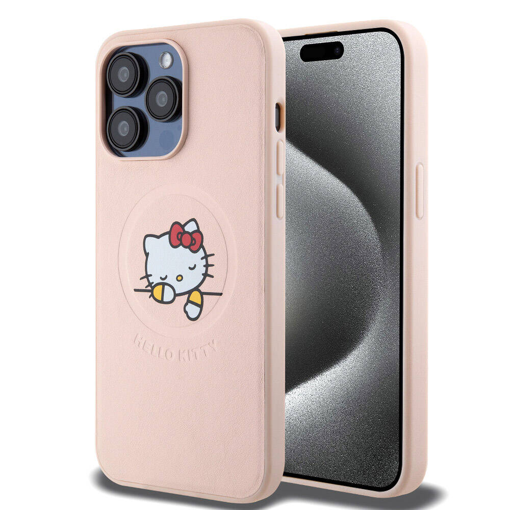 Hello Kitty iPhone 15 Pro Max Orjinal Lisanslı M-safe Şarj Özellikli Baskı Logolu Uyuyan Kitty Deri Kılıf