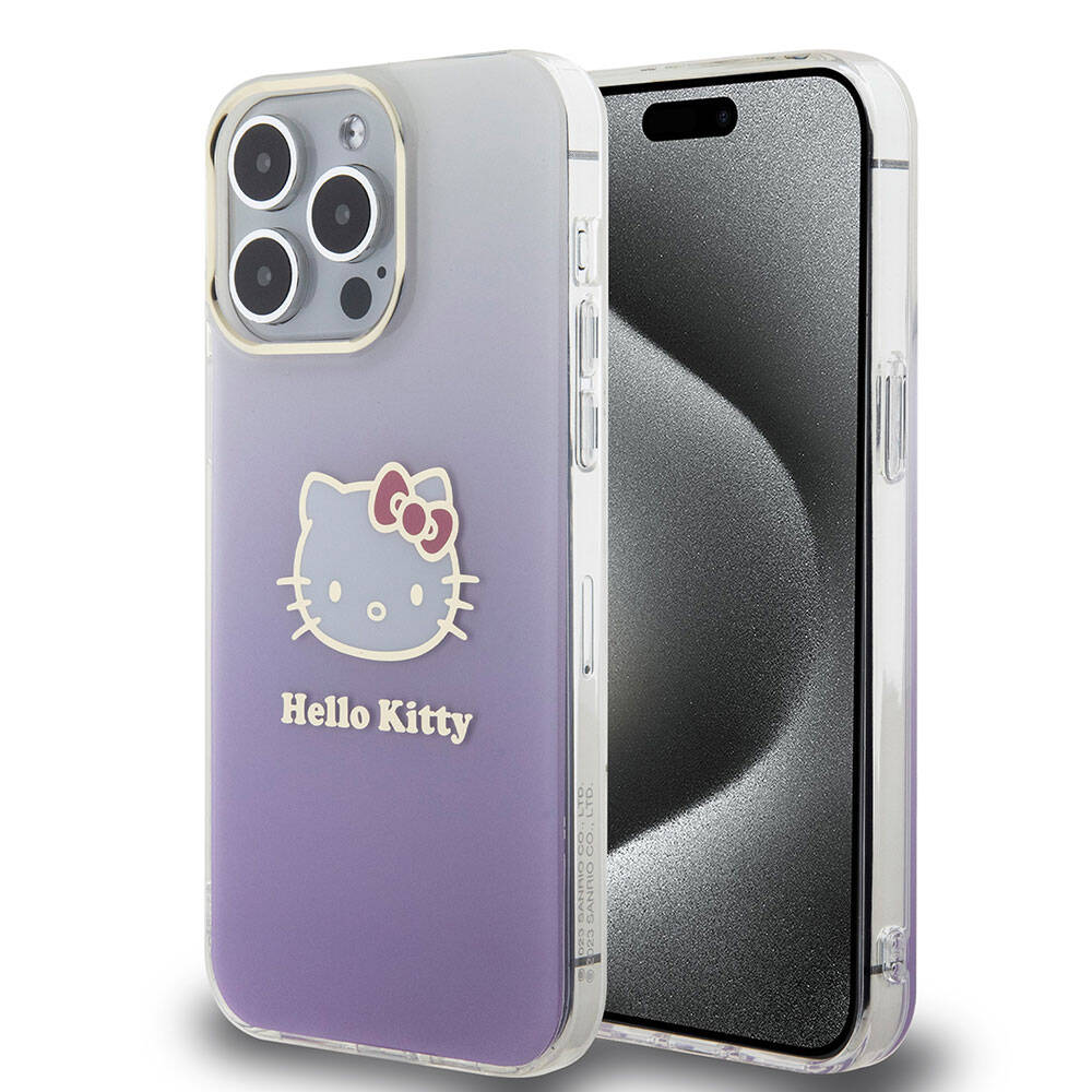 Hello Kitty iPhone 15 Pro Max Orjinal Lisanslı Yazı ve İkonik Logolu Elektroplating Kaplama Gradyan Kılıf
