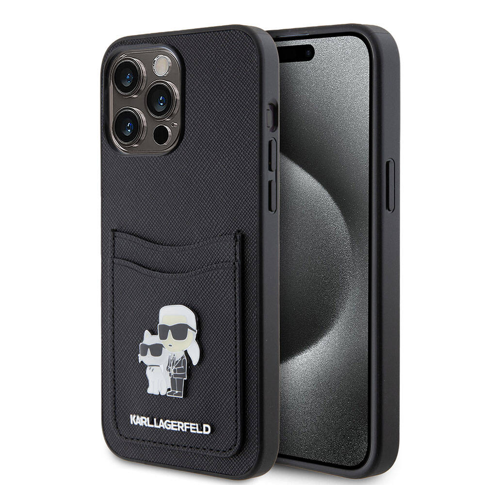 Karl Lagerfeld iPhone 15 Pro Max Kartlıklı Metal Logo Orjinal Lisanslı Telefon Kılıfı - 1