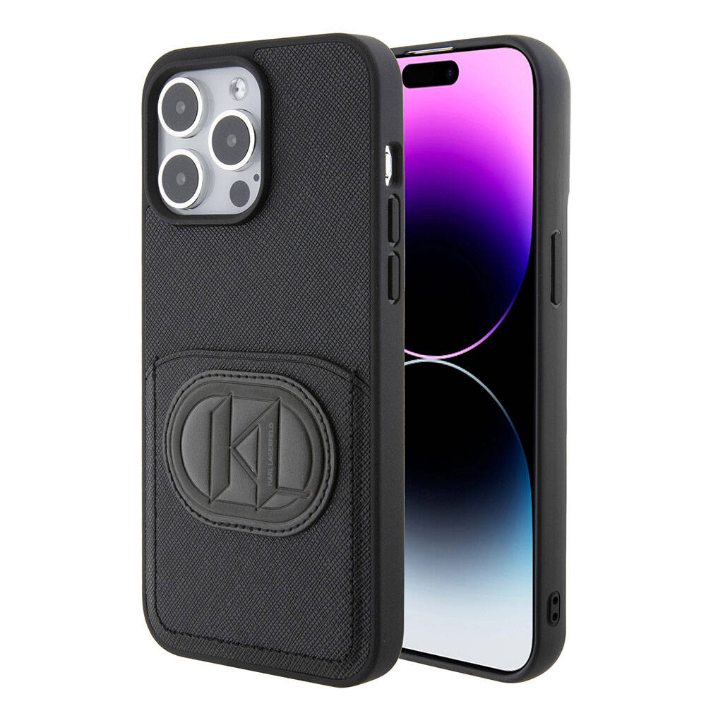 Karl Lagerfeld iPhone 15 Pro Max Kartlıklı Saffiano K&L Patch Orjinal Lisanslı Telefon Kılıfı - 1