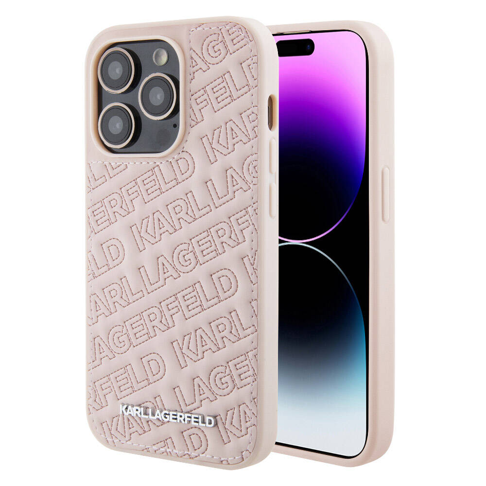 Karl Lagerfeld iPhone 15 Pro Max Orjinal Lisanslı Metal Yazı Logolu Dikişli Logo Arka Yüzey Kapitone Kılıf