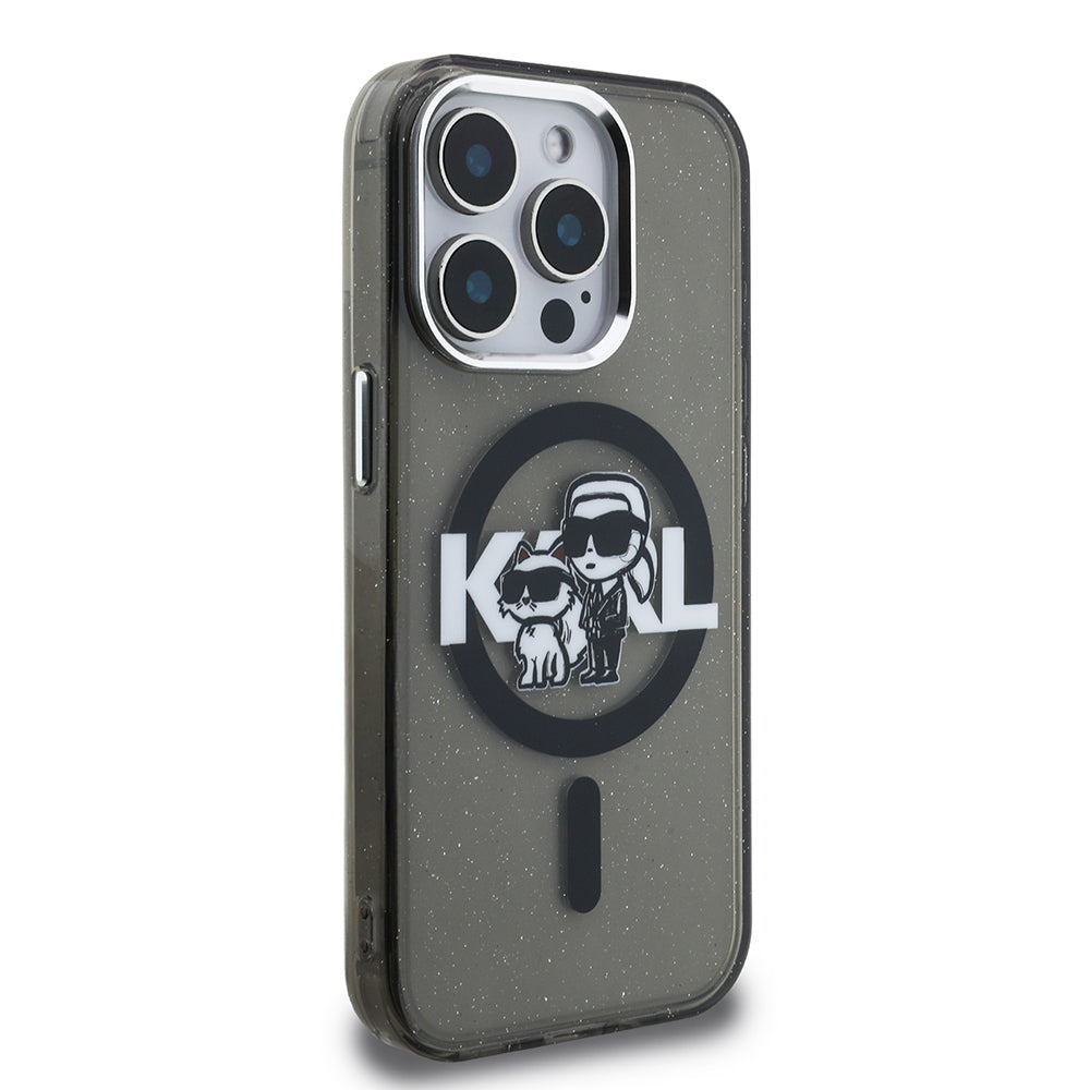 Karl Lagerfeld iPhone 15 Pro Max Orjinal Lisanslı Parlayan Simli Karl & Choupette Sketch Logo Kılıf