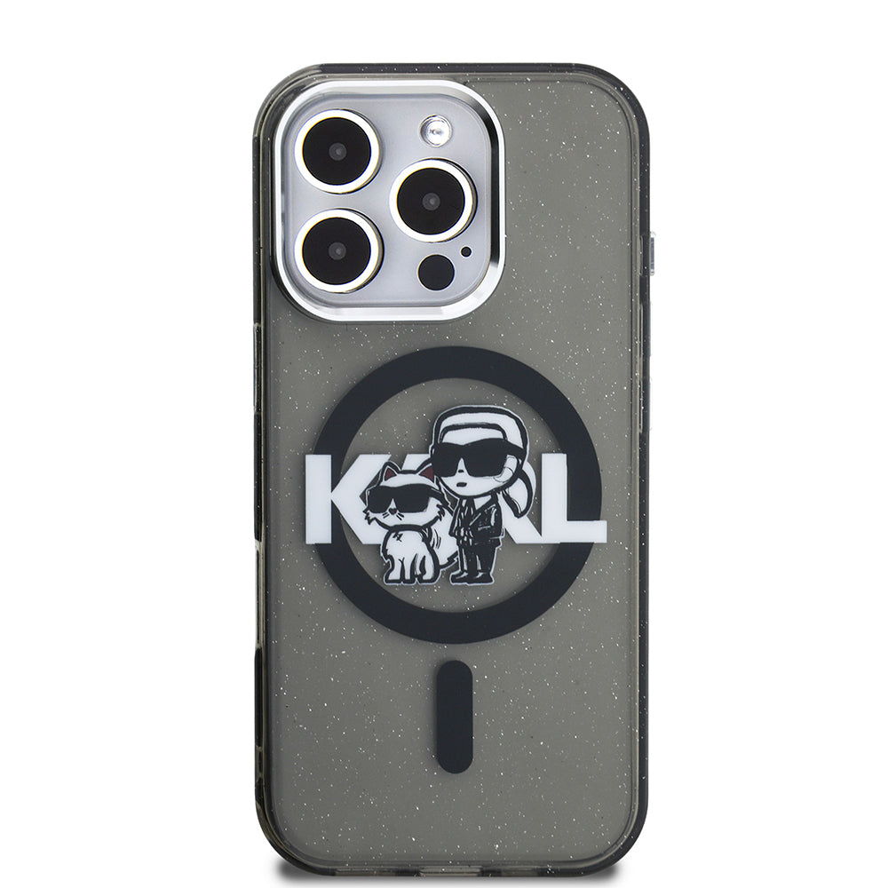 Karl Lagerfeld iPhone 15 Pro Max Orjinal Lisanslı Parlayan Simli Karl & Choupette Sketch Logo Kılıf