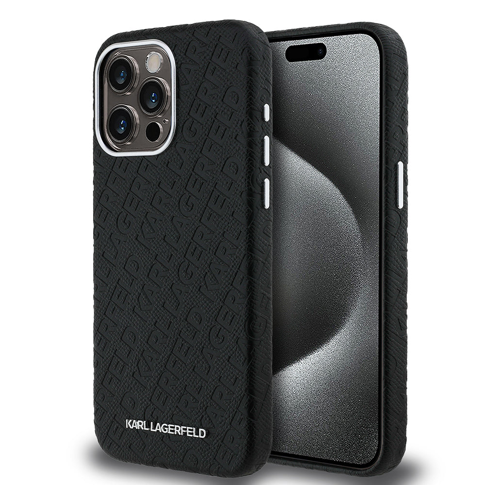 Karl Lagerfeld iPhone 15 Pro Max Orjinal Lisanslı PU Deri Damgalı Metal Yazı Logolu Kılıf