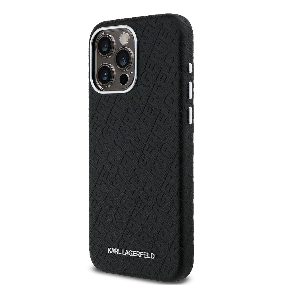 Karl Lagerfeld iPhone 15 Pro Max Orjinal Lisanslı PU Deri Damgalı Metal Yazı Logolu Kılıf