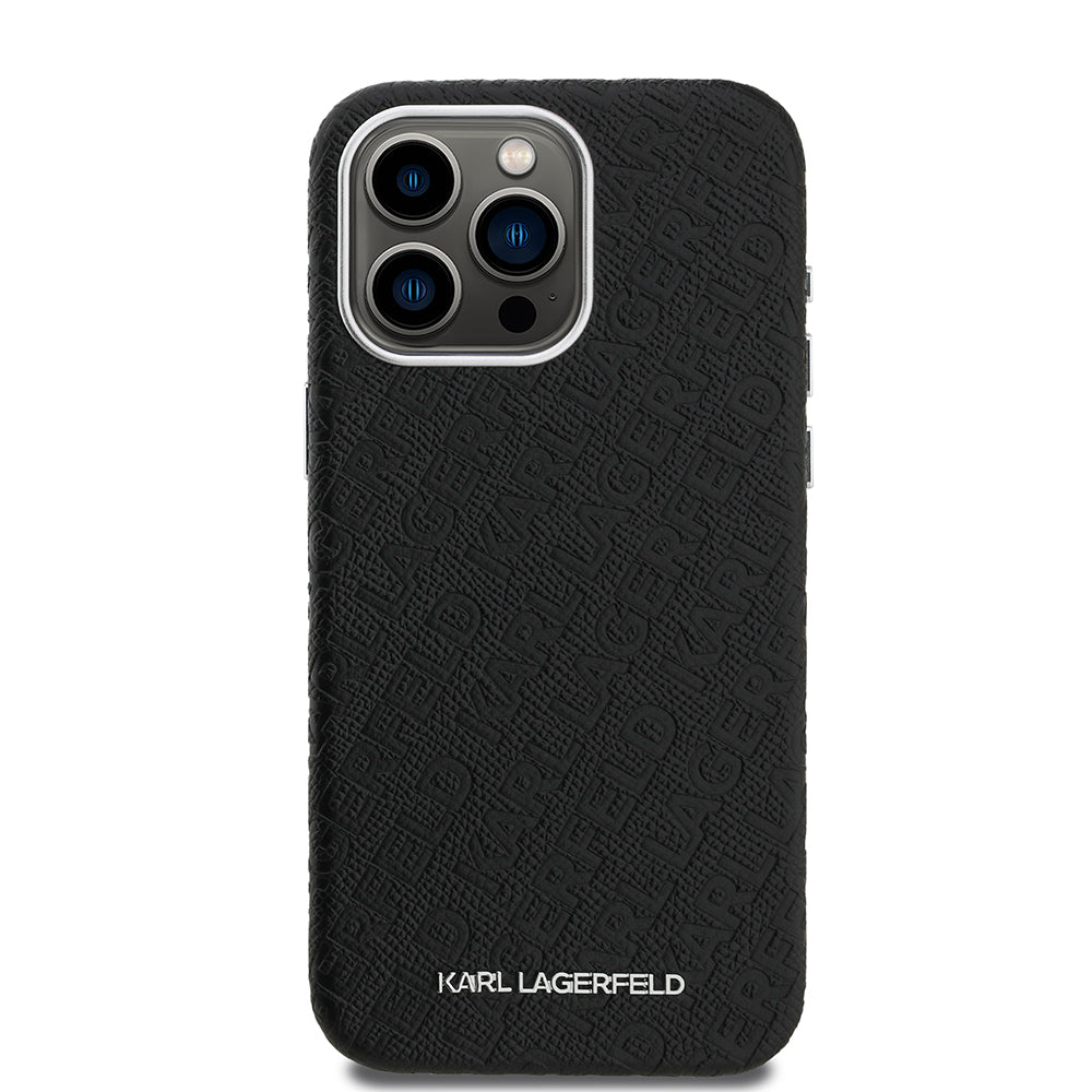 Karl Lagerfeld iPhone 15 Pro Max Orjinal Lisanslı PU Deri Damgalı Metal Yazı Logolu Kılıf