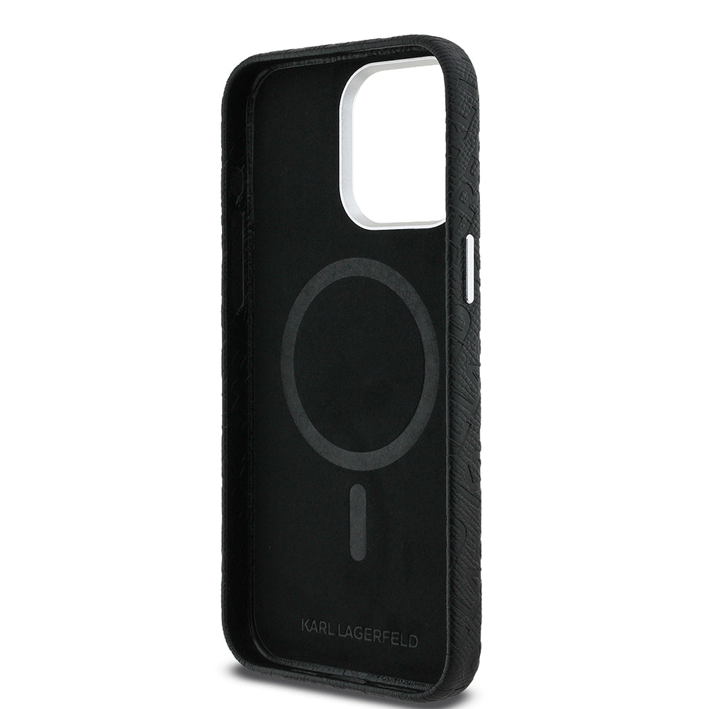 Karl Lagerfeld iPhone 15 Pro Max Orjinal Lisanslı PU Deri Damgalı Metal Yazı Logolu Kılıf