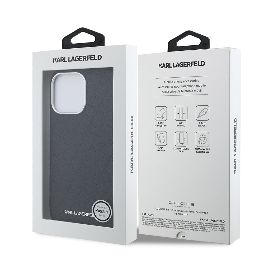 Karl Lagerfeld iPhone 15 Pro Max Orjinal Lisanslı PU Deri Damgalı Metal Yazı Logolu Kılıf