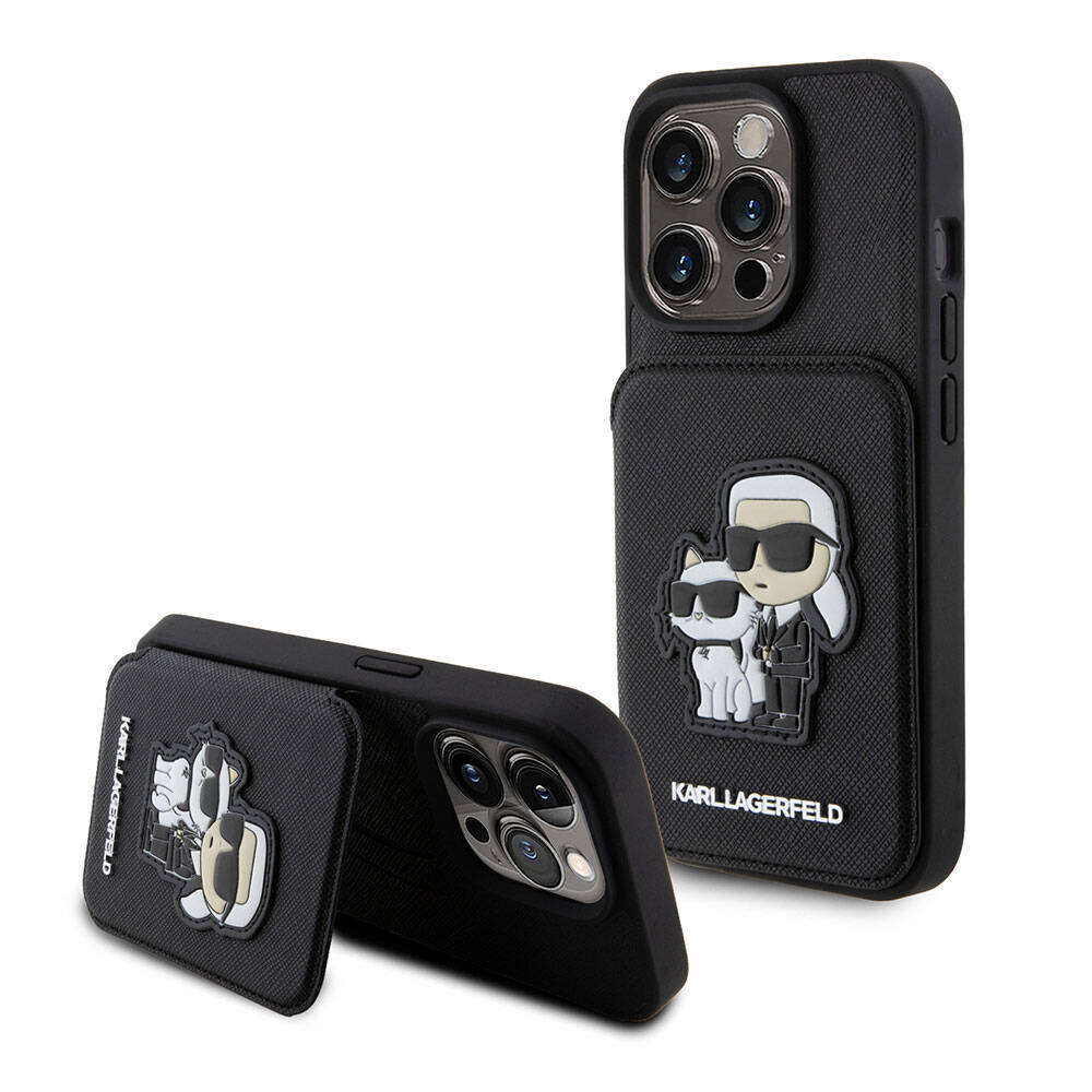Karl Lagerfeld iPhone 15 Pro Max Standlı Kartlıklı Saffiano K&C Metal Logo Orjinal Lisanslı Telefon Kılıfı - 1