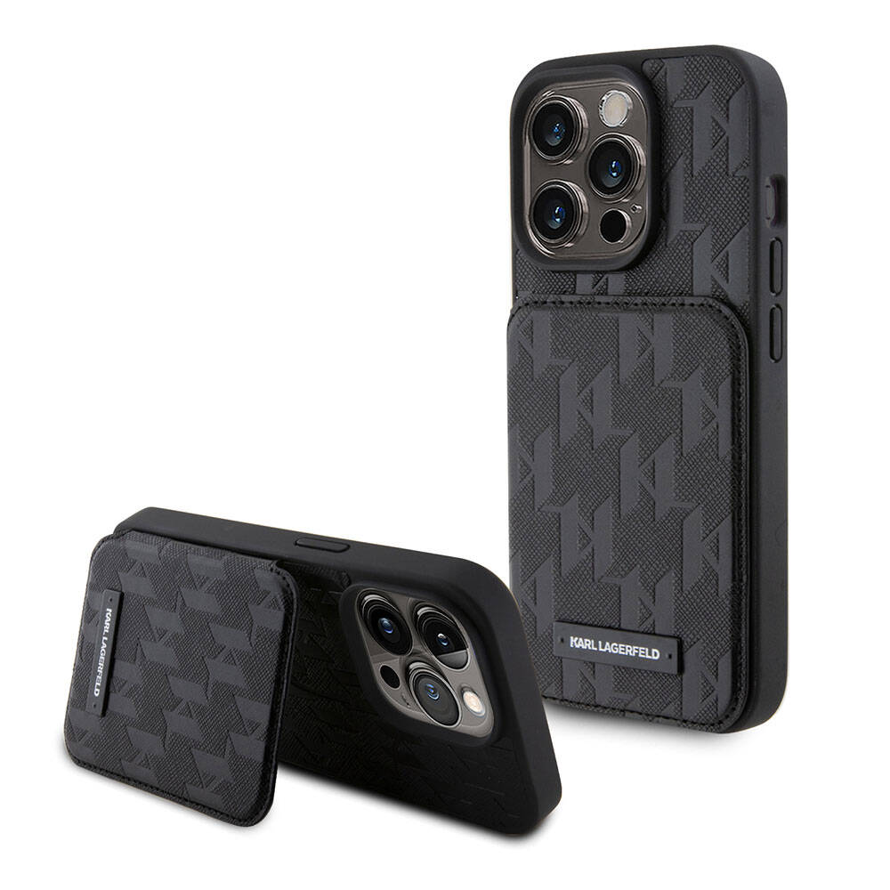 Karl Lagerfeld iPhone 15 Pro Max Standlı Kartlıklı Saffiano Monogram Metal Logo Orjinal Lisanslı Telefon Kılıfı - 1
