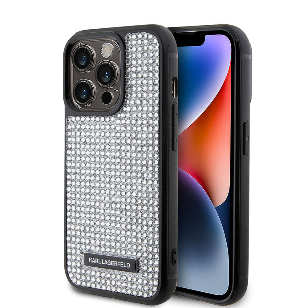 Karl Lagerfeld iPhone 15 Pro Max Taşlı Metal Logo Orjinal Lisanslı Kılıf