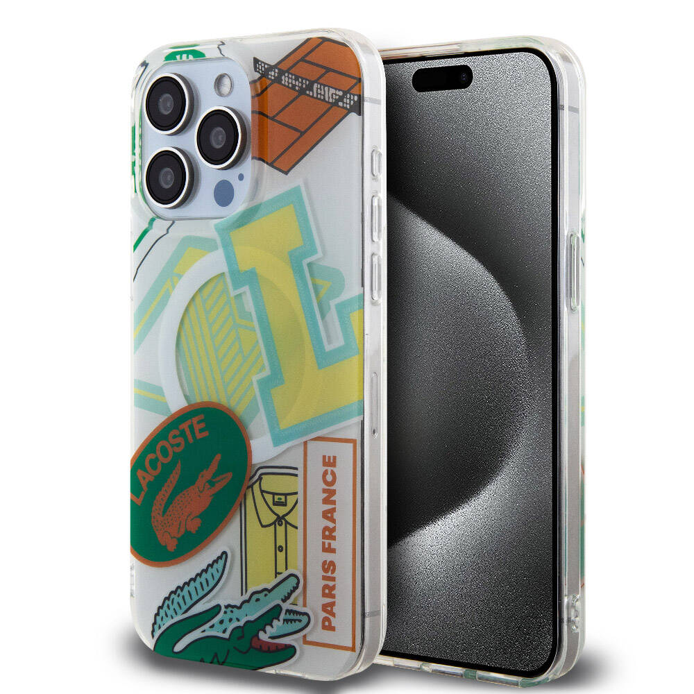 Lacoste iPhone 15 Pro Max Orjinal Lisanslı Magsafe Şarj Özellikli Çift Katmanlı Yamalar Desenli Telefon Kılıfı - 1
