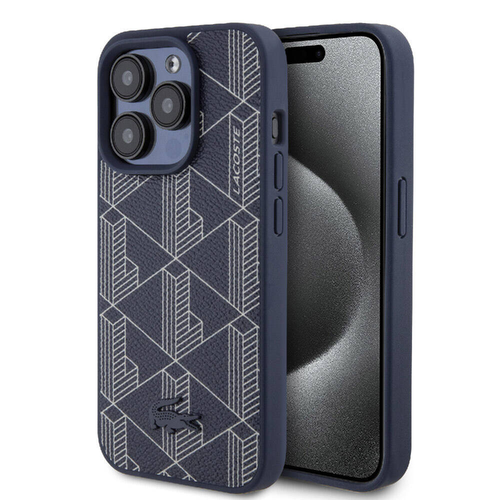 Lacoste iPhone 15 Pro Max Orjinal Lisanslı Magsafe Şarj Özellikli PU Deri Görünümlü Karışık Monogram Desenli Telefon Kılıfı - 1