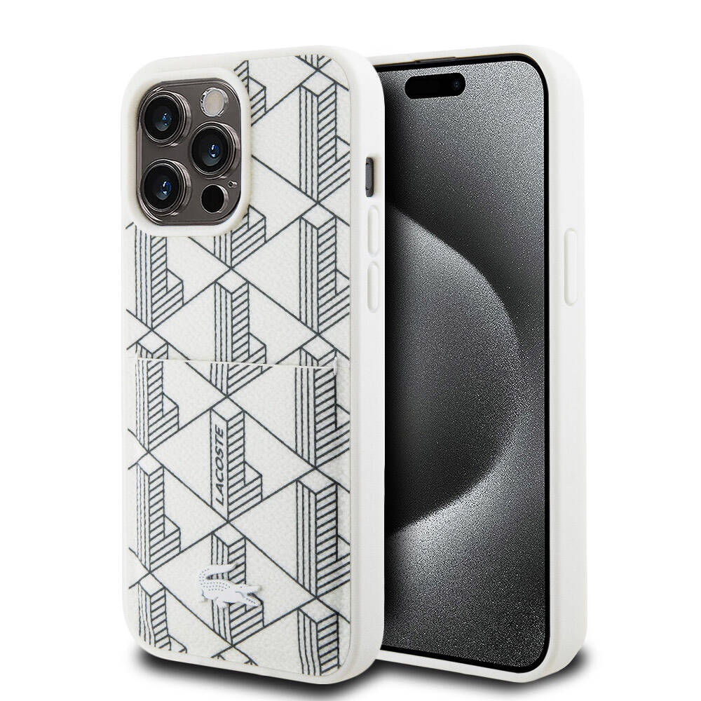 Lacoste iPhone 15 Pro Max Orjinal Lisanslı Magsafe Şarj Özellikli PU Deri Görünümlü Kartlıklı Karışık Monogram Desenli Telefon Kılıfı - 1