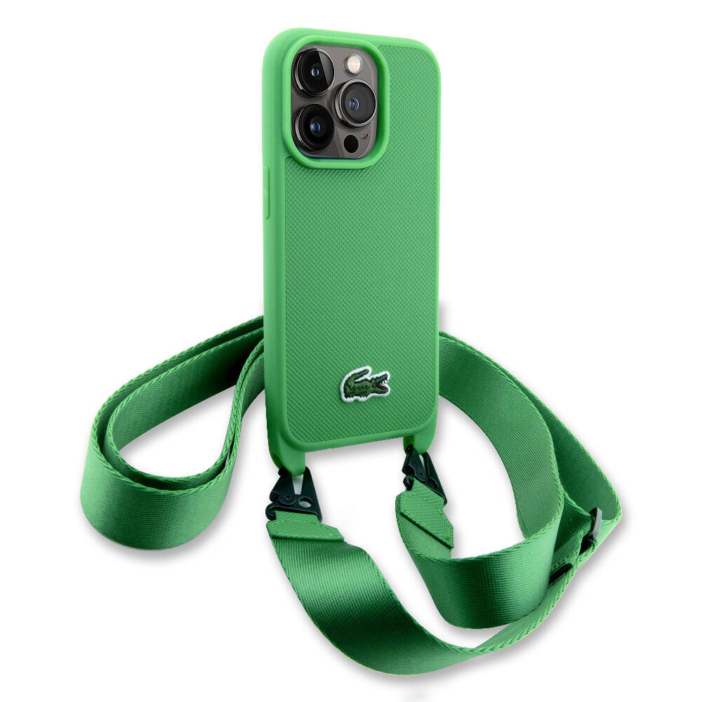 Lacoste iPhone 15 Pro Max Orjinal Lisanslı PU Pike Desenli Arka Yüzey Askılı İkonik Timsah Dokuma Logolu Telefon Kılıfı - 1