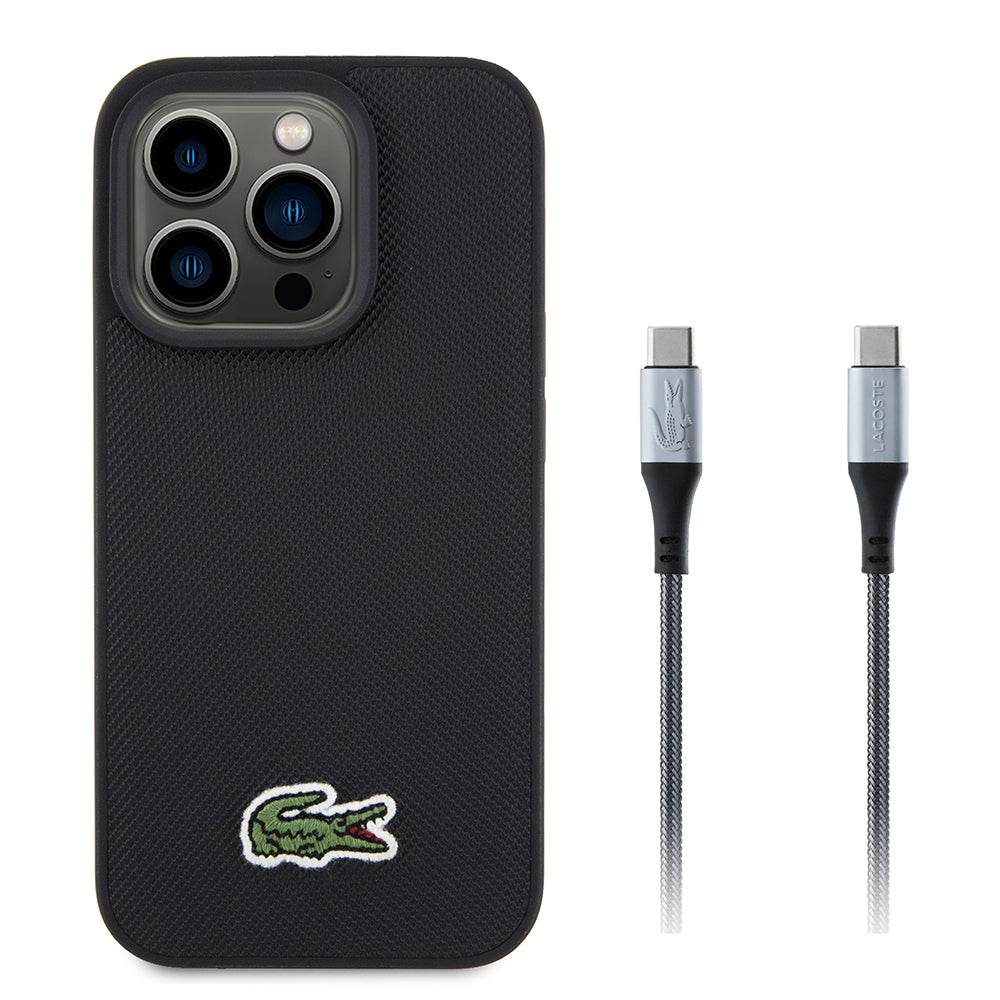 Lacoste iPhone 15 Pro Max Orjinal Lisanslı PU Pike Desenli Arka Yüzey İkonik Timsah Dokuma Logolu Kılıf + Type-C Kablo 1.5m