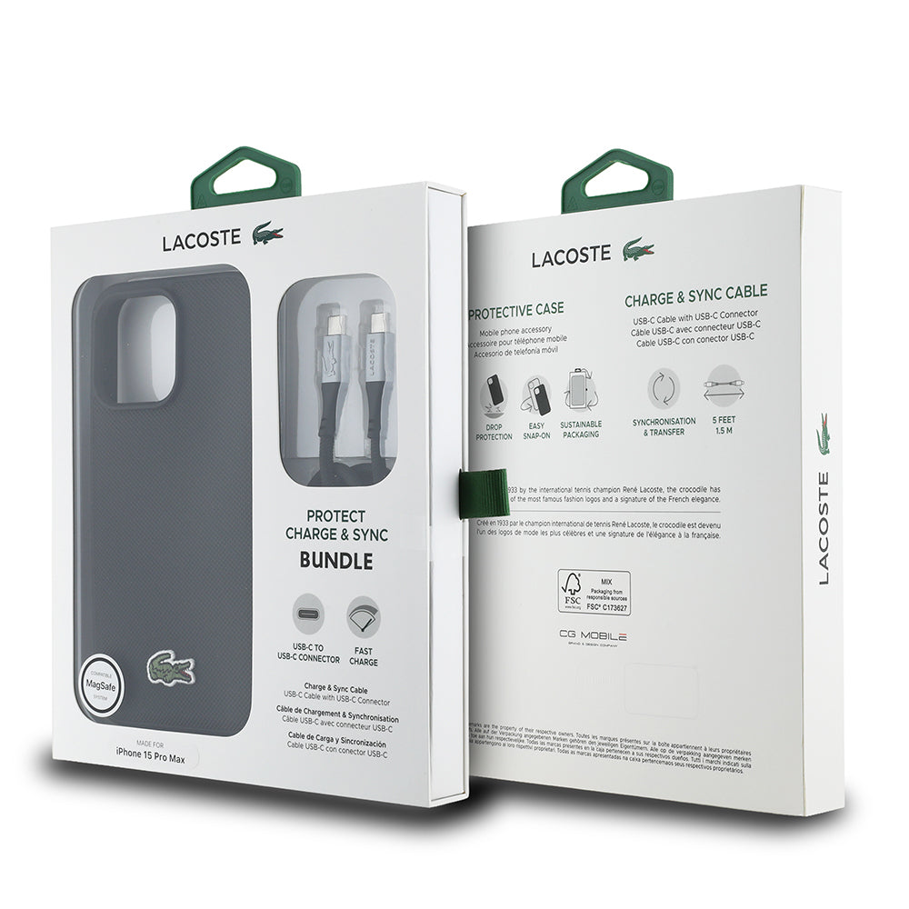 Lacoste iPhone 15 Pro Max Orjinal Lisanslı PU Pike Desenli Arka Yüzey İkonik Timsah Dokuma Logolu Kılıf + Type-C Kablo 1.5m