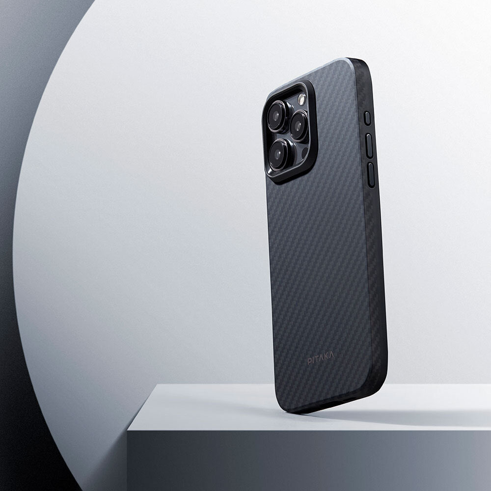 Pitaka Military-Grade Classic Serisi iPhone 15 Pro Max M-safe Şarj Özellikli 1500D Aramid Fiber Black-Grey Twill Kılıf